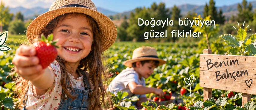 Çilek bahçesinde gülümseyen ve çilek uzatan çocuk